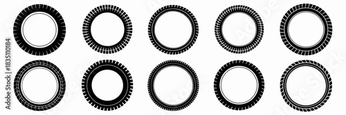 Diverse collection of black and white tire tread frames showing various road patterns, including aggressive off-road and standard automotive silhouettes, rendered as graphic vector illustrations ideal