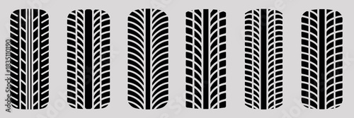 Six distinct black monochrome tire tread tracks, rubber road print patterns, graphic vector illustration set showing diverse designs and grooves, representing high performance, traction, safety, and r