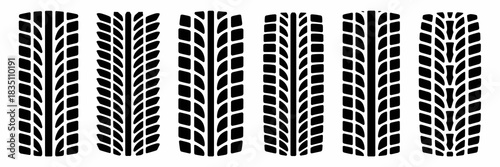 Six distinct black tire track silhouettes and tread patterns vector illustration set, showcasing various rubber marks for automotive industry design, high-speed performance, road safety, vehicle maint