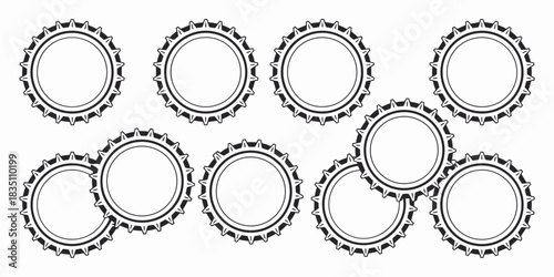 Monochromatic black and white vector graphic illustration depicting a scattered repeating pattern of overlapping beer bottle caps, or metal crown cork closures, useful for industrial packaging design,