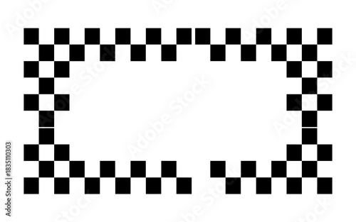 An abstract high-contrast black and white checkered flag pattern rectangular border design element providing clean copy space; graphic resource used for modern sports advertising, competitive event pr