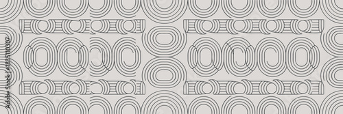 Seamless geometric retro abstract pattern featuring continuous stacked black lines and repeating interconnected circles and striped ovals on a neutral background, creating a rhythmic 70s vintage wallp