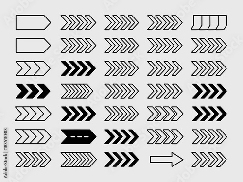 Modern vector arrow icons collection displaying directional movement, speed, and progress indicators for business presentations, technology infographics, website design, and marketing resources, featu