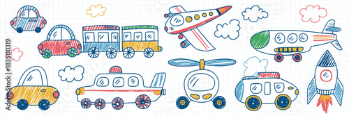 Playful vector kids transport doodle collection featuring various cartoon sketch vehicles including passenger cars, railway train, airplane, helicopter, and spaceship rocket drawing, ideal seamless pa