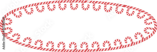 A delightful, festive red and white striped peppermint candy cane border frame forming a decorative horizontal oval garland shape, ideal for Christmas holiday season graphic design, sweet shop digital