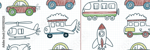 Playful seamless repeating pattern background featuring hand-drawn transportation vehicles like cars, trucks, helicopters, rockets, and airplanes, sketched with colorful scribbles on a school graph pa