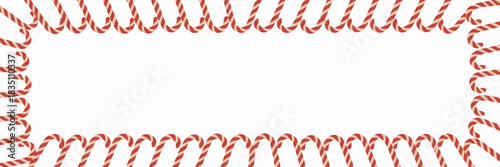 Festive candy cane border template illustration, featuring alternating red and beige striped sweet treats forming a decorative rectangular frame for Christmas and winter holiday greeting card design,