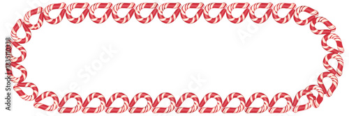 Seamless repeating holiday candy cane border frame featuring vibrant red and white striped peppermint stick Christmas treats forming an elongated oval design, ideal for sweet winter greeting cards, fe
