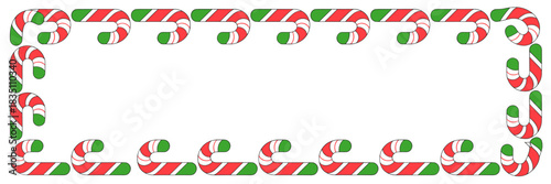 Festive red, white, and green striped candy cane illustration forming a decorative Christmas holiday frame border, surrounding clean blank white background space. Perfect graphic design element for se