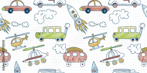 Whimsical seamless vector pattern showcasing colorful childlike transportation scribbles including fun cartoon automobiles, flying spacecraft, air vehicles, and road trucks, expertly drawn on a quad r