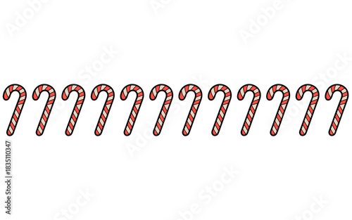 A repeating row of thirteen traditional red and white striped candy canes, featuring a delightful sugary treat graphic isolated on a pure white background, ideal for seasonal winter promotions, Christ