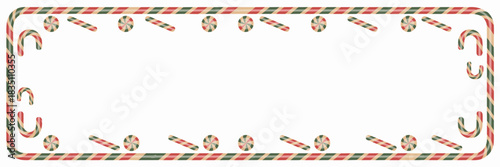 Traditional Christmas candy border frame featuring festive red, green, and beige striped candy canes, dessert sticks, and round peppermints, providing a sweet holiday graphic template with ample white