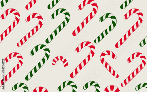 A cheerful repeating seamless pattern of classic red white and deep forest green striped candy canes, a traditional festive winter holiday season background design, featuring a simple flat graphic vec