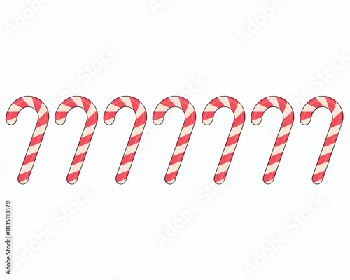 A delightful row of seven classic red and white striped candy canes, traditional hook shapes, festive seasonal sweet treats arranged in a repeating pattern, isolated against a clean white background,