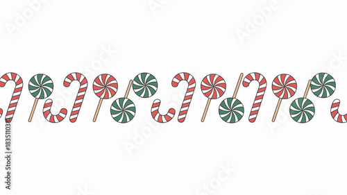 Festive seamless pattern border featuring striped red and white candy canes and green and red swirl peppermint lollipops, a cheerful decorative graphic illustration ideal for winter holiday banners, s