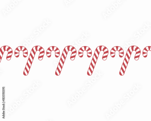 Seamless repeating border pattern illustration featuring classic red and white striped candy canes, ideal sweet winter holiday decoration, festive seasonal graphic element for Christmas marketing, adv