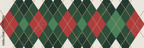 Classic argyle seamless repeating pattern background featuring traditional holiday colors of deep forest green, vibrant Christmas red, and creamy beige diamonds, intersected by thin golden diagonal li