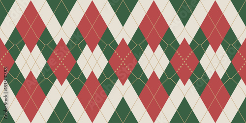 Seamless classic Argyle knitwear pattern featuring traditional Christmas colors of deep forest green, festive burgundy red, and creamy beige diamonds with fine golden crossing stripes; perfect cozy wi
