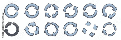 Comprehensive twelve modern circular process arrows icon set illustrating continuous rotation loop diagram for website user interface design, technology software updates, data refresh, endless busines