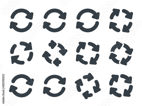 Various recycle rotation refresh icons and loop arrows collection representing a continuous business workflow process sequence. Essential graphic symbols for technology, web design, UI/UX applications