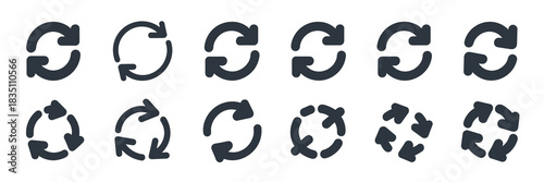 Comprehensive collection of modern dark vector refresh, recycle, and reload arrows icons illustrating continuous rotation and circular loop symbols for business process workflow diagrams, software app