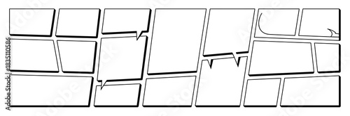 Dynamic blank comic strip panel layout grid template featuring various speech bubbles and irregular geometric shapes, outlined with thick black borders and dramatic drop shadows. Essential vector grap