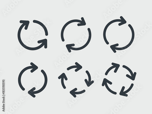 Set of recycling symbols and refresh icons, showing continuous circular arrow loops representing ongoing processes, rotation, workflow, renewal, data loading, and sustainable technology solutions for