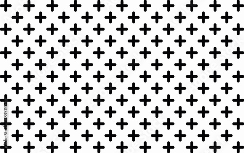 Seamless geometric repeating pattern of black plus signs and bold crosses with rounded corners on a clean white high-contrast background, creating a modern minimalist monochrome texture, ideal graphic