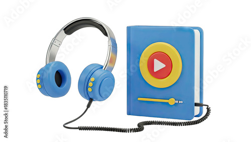 Vibrant Blue Headphones Connected to a Play Button Decorated Digital Audio Player On Transparent Background