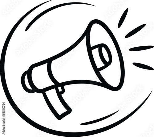 Hand drawn sketch of a megaphone emitting sound waves within a circular outline  Vector