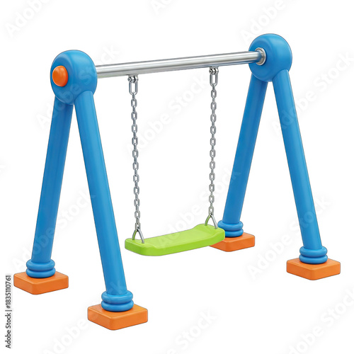 Vibrant Blue Metal Swing Set with Green Seat Isolated on White Background Outdoor Playground Equipment Minimalist Design Object