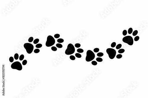 Sequential black vector paw prints track creating a decorative border trail, representing a dog or cat's walking journey on a bright white background, used for minimalist graphic design, veterinary br