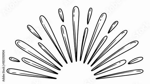 Stylized hand-drawn black and white line art outline illustration of a dynamic radial liquid splash or water burst graphic element, symbolizing energy, movement, freshness, and excitement, ideal decor