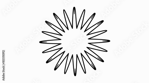 Abstract radial geometry pattern featuring sharp spiky elements arranged symmetrically in a circular shape, isolated black line art sketch drawing against a pure white background for minimalist icon d