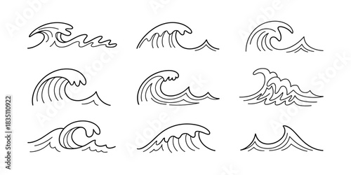 A comprehensive, detailed set of nine stylized minimalist vector outline hand drawn ocean waves and sea water icons, depicting cresting, crashing, and flowing currents, suitable for graphic design ass