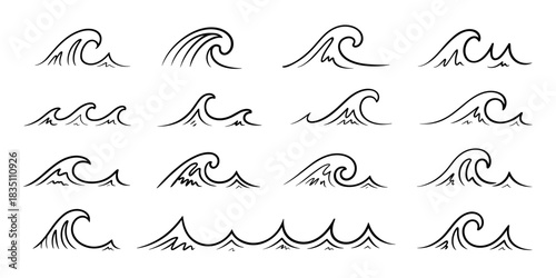 Assortment of hand-drawn doodle ocean wave vector icons, showcasing diverse stylized black line art drawings of curling, breaking, and rolling sea surf symbols, ideal for nautical logos, marine graphi
