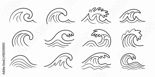 Essential collection of twelve dynamic simple ocean wave illustrations and graphic design elements featuring curl, spray, sea foam, and surf symbols, ideal for modern nautical branding, travel company