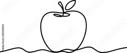 Minimalist single line drawing of a fresh apple with a stem and leaf Vector