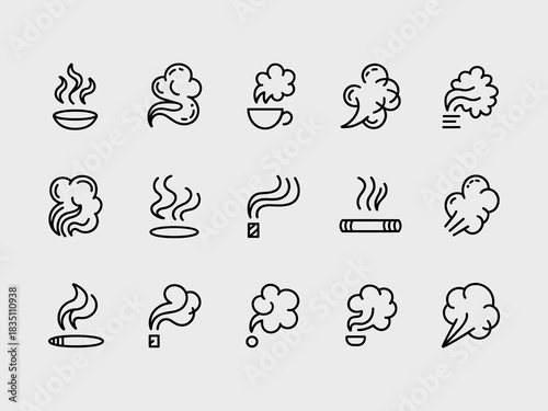 Minimalist vector line icons collection depicting smoke, steam, odor, and heat symbols, featuring vapor rising from hot beverages like coffee, cooking pots, cigarettes, and incense burners for digital