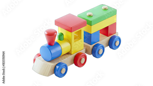 Vibrant Colorful Wooden Toy Train With Red Blue Yellow Green Blocks On A White Background For Children And Education