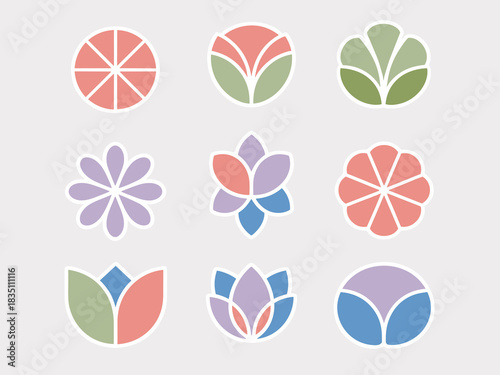 A large set of nine colorful geometric and abstract floral icons, logo symbols, and decorative nature graphic elements, presented in a clean, modern minimalist flat design style using a muted pastel c