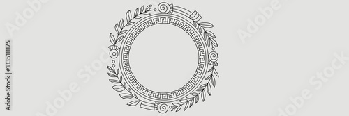 Elegant classical round Greek key meander circle frame and laurel wreath minimal line art vector illustration border for antique award ceremony certificate or sophisticated wedding invitation design e