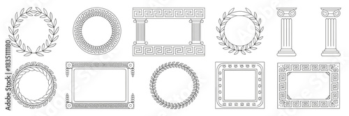 Elegant vector line art collection of ancient Greek and Roman frames and borders, including geometric meander patterns, circular laurel wreaths, decorative olive branches, and architectural column ele