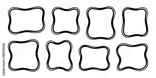 Hand-drawn doodle frames set featuring eight various wavy and curvy black borders and rounded text boxes, creating a simple, unique, and decorative graphic resource element for modern design, website