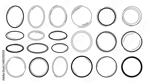 Varied hand-drawn black sketch circles and oval shapes collection, artistic scribble design elements pack, essential minimalist frame borders for technology business marketing presentation templates,