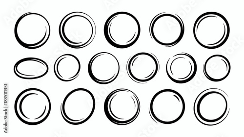 Large collection of artistic hand-drawn circle and oval sketches, black ink marker frames providing emphasis and selection highlighting for modern digital graphic design, perfect minimalist doodle ele