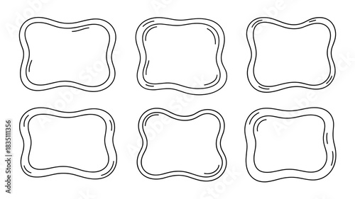 Collection of six playful hand-drawn wavy frames and borders vector illustration set, empty outline minimalist black and white text boxes template used for cute marketing labels, sticker badges, moder