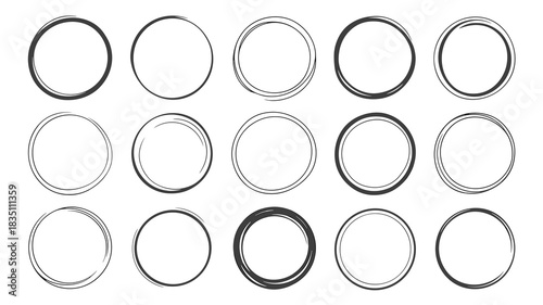 A large collection of fifteen irregular hand-drawn circle frames and sketchy rings, providing rough artistic doodle borders for modern minimalist logo design, vector illustrations, highlighting elemen