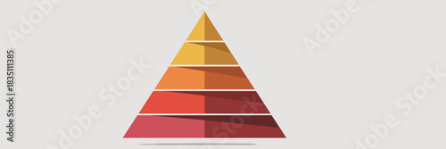 Modern vertical six-step layered pyramid infographic structure in warm gradient colors, from foundational red base to golden yellow apex, for business process presentation, corporate management hierar