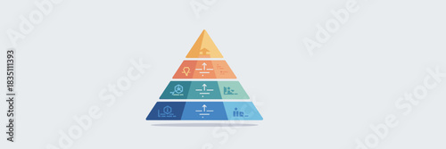 A vibrant, four-layered pyramid chart graphic illustrating organizational hierarchy, ascending developmental steps, and strategic foundation for business success, management concepts, and progressive